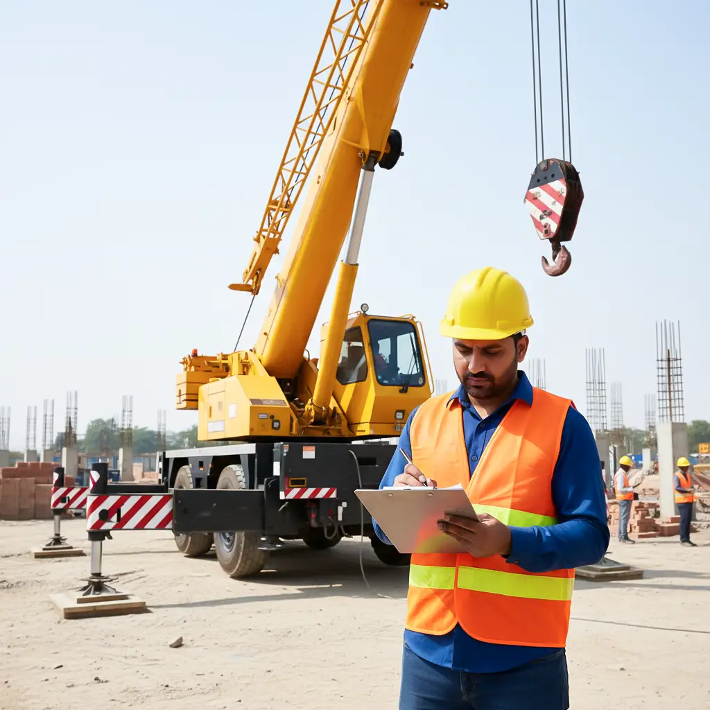 Indian crane operator following safety inspection checklist before operation