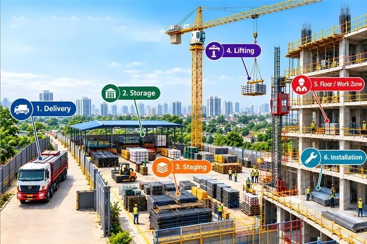 Construction material flow from delivery to storage, lifting and installation