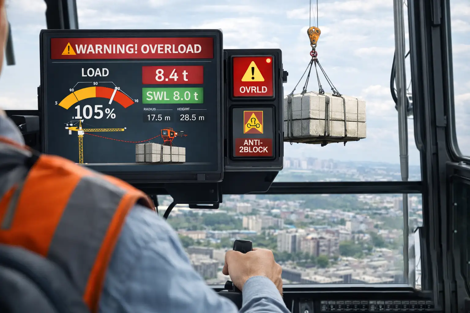 Crane operator responding to safe load indicator alarms during lifting operations
