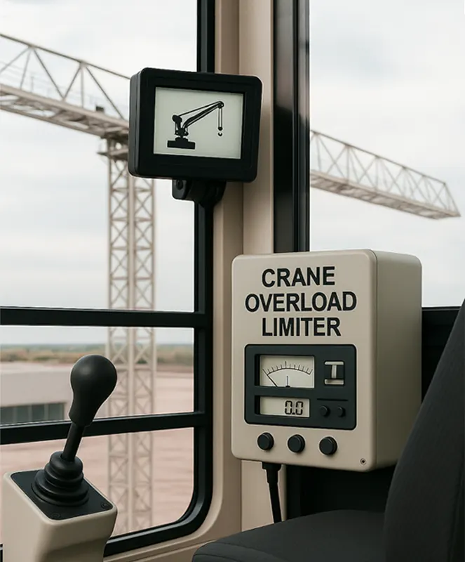 Crane overload limiter device mounted inside tower crane operator cabin