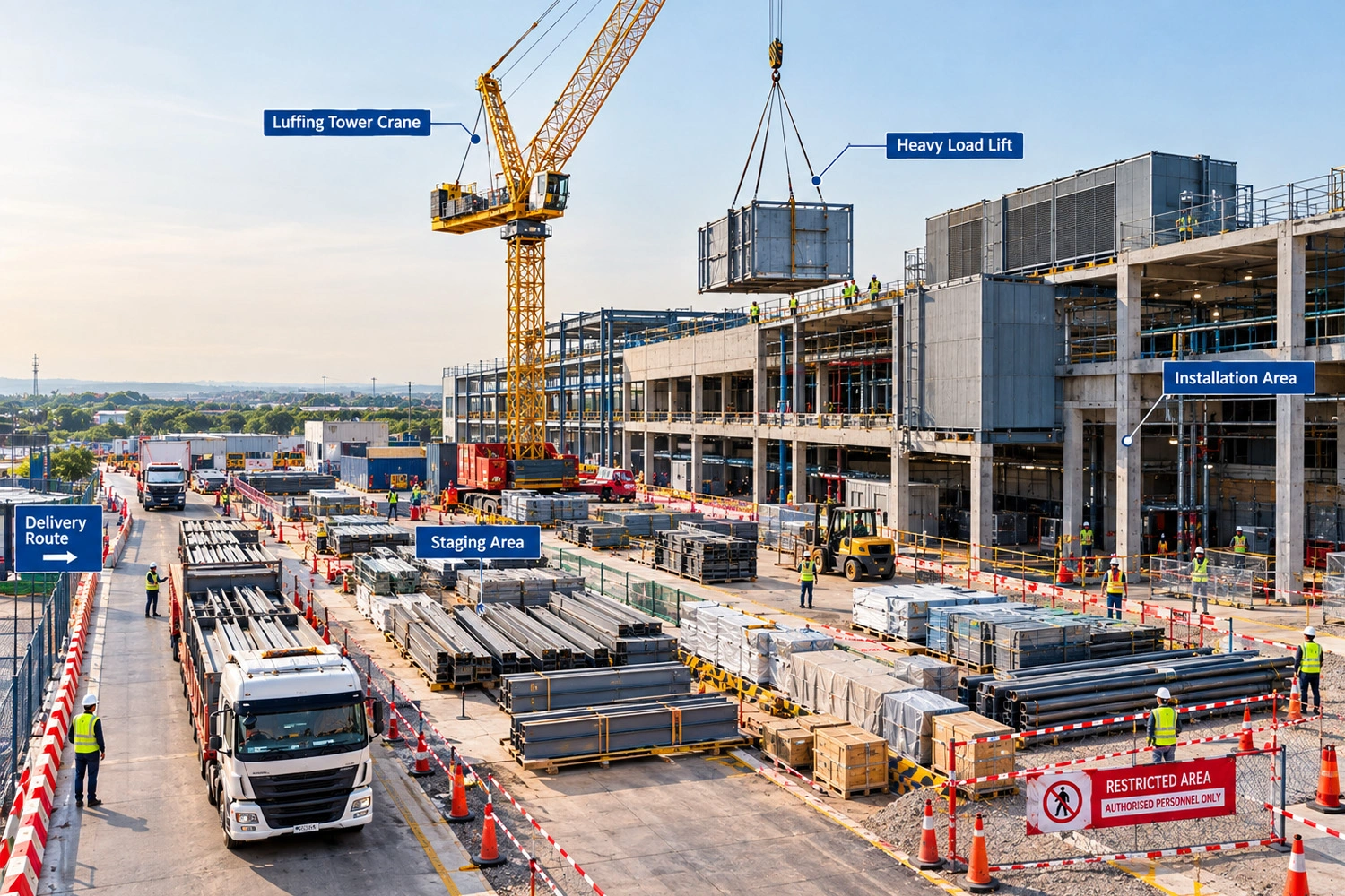 Data center construction site with crane lifting heavy materials