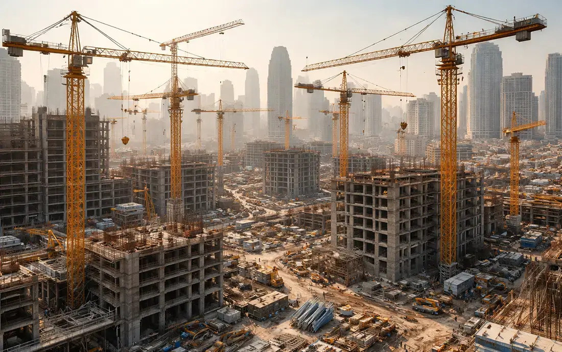 tower cranes operating in congested construction site in India
