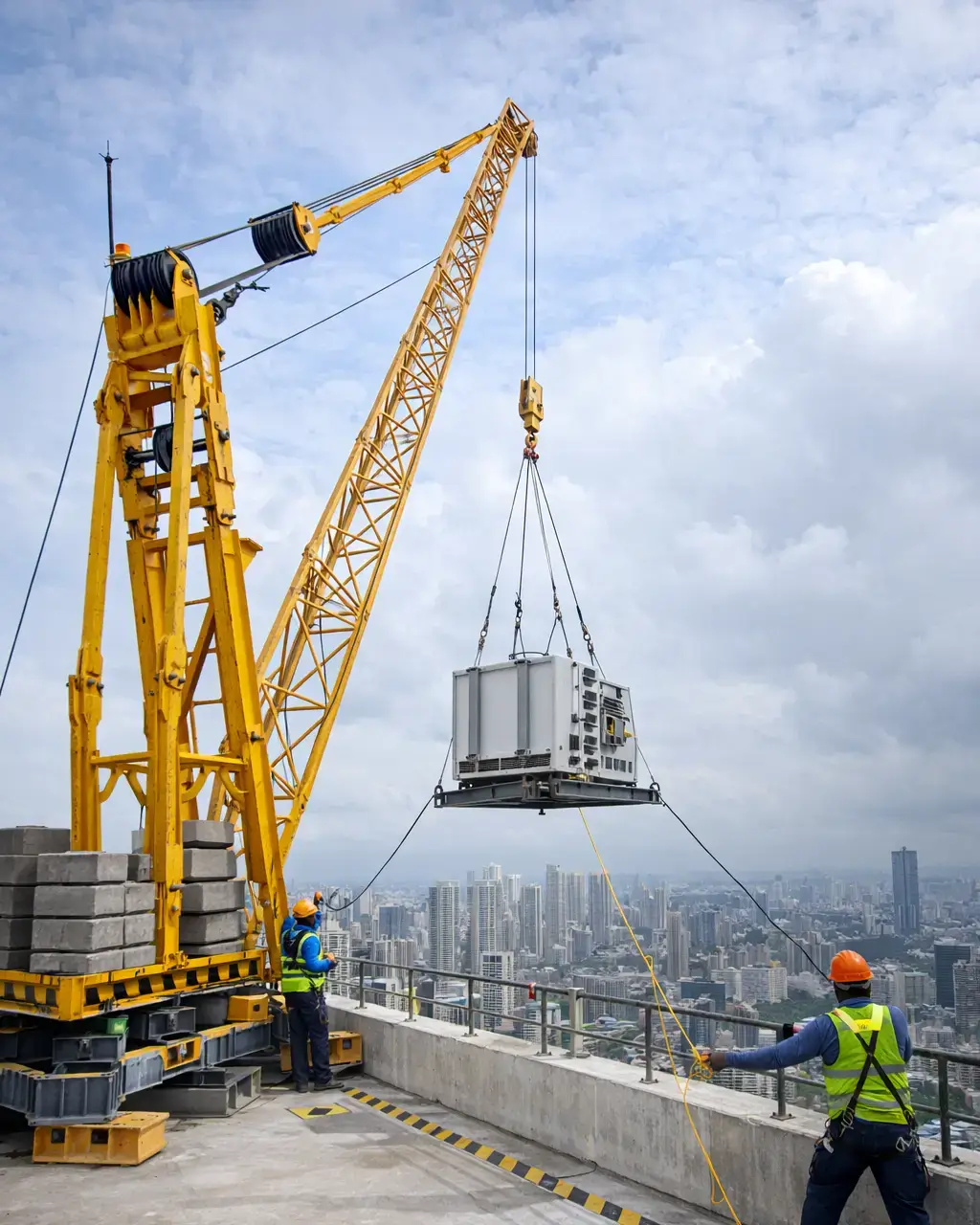 derrick crane installed on rooftop of high rise building