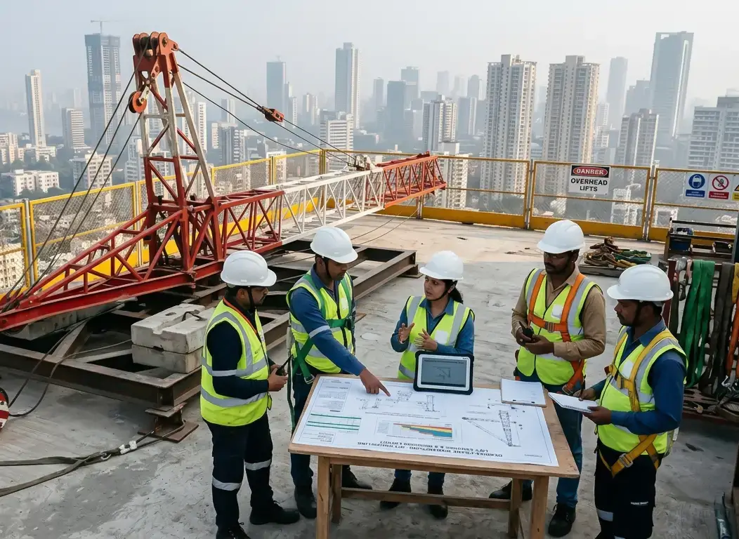 engineers reviewing derrick crane lifting plan on rooftop