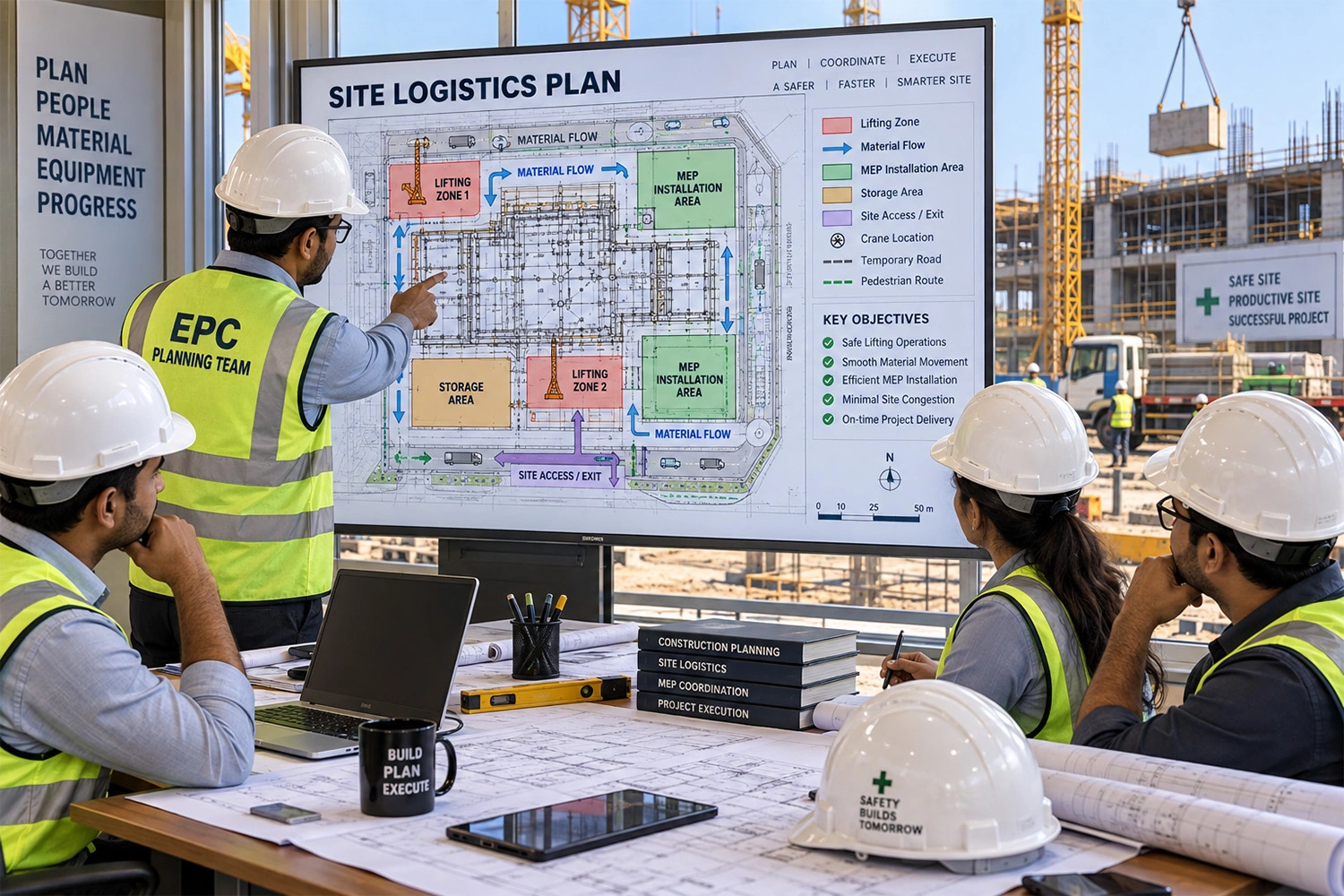 EPC team reviewing data center construction logistics and lifting plan 