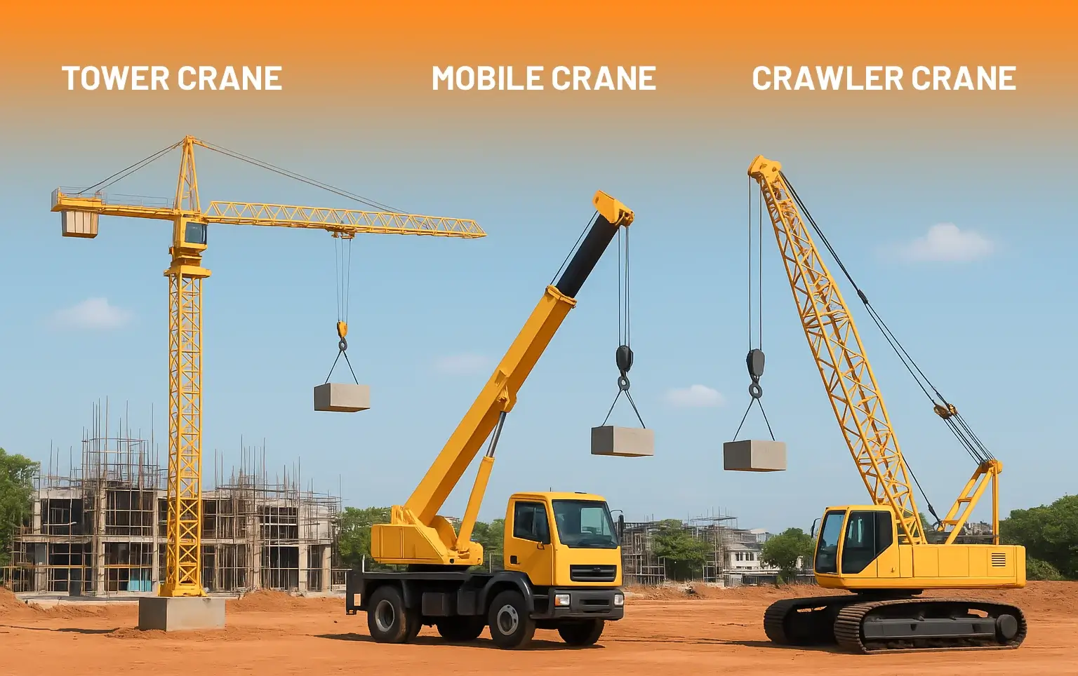 Side-by-side view of tower, mobile, and crawler cranes at an Indian construction site