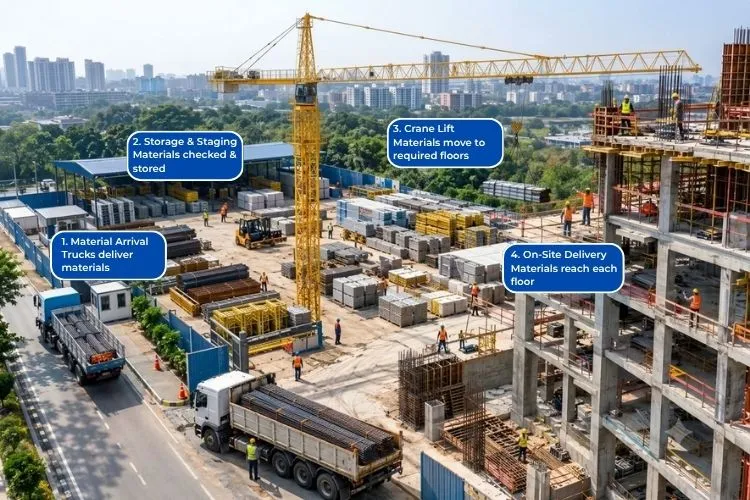 Material flow in construction from delivery and storage to crane lifting