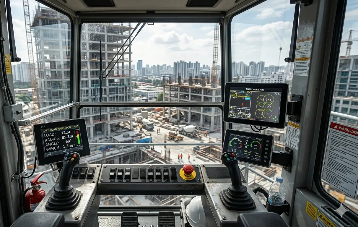 tower crane operator monitoring safe load indicator and anti collision system
