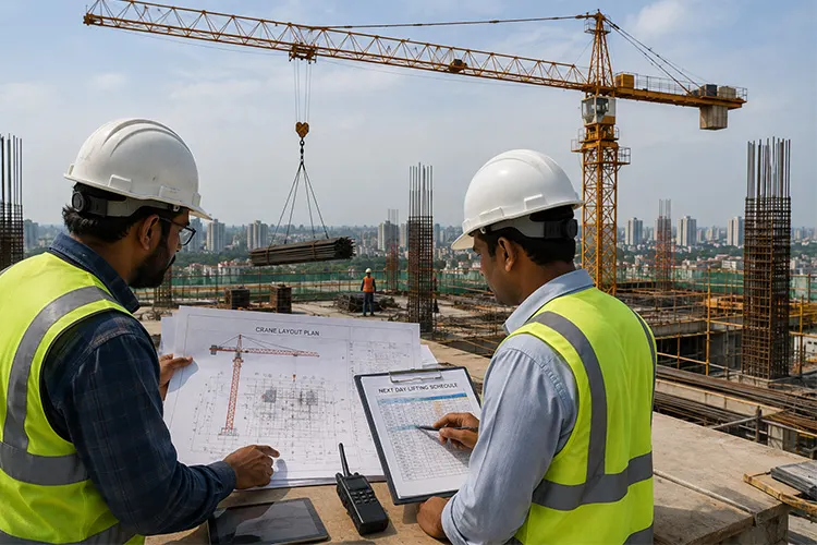 engineers planning tower crane lifting operations on a high-rise construction project