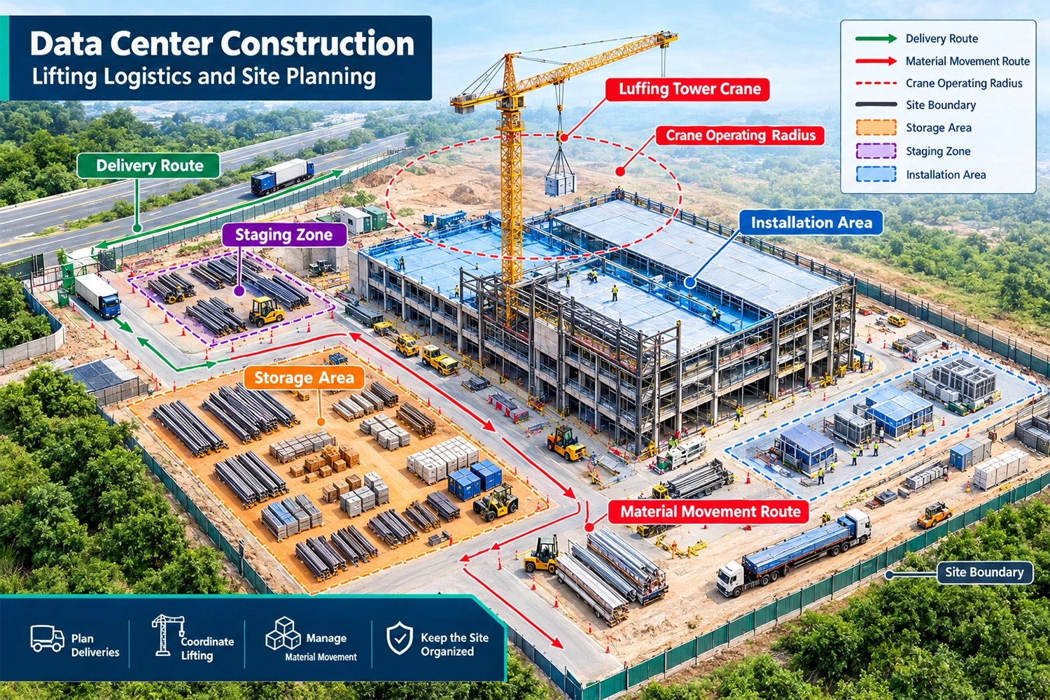 Data center lifting logistics plan showing crane and material routes