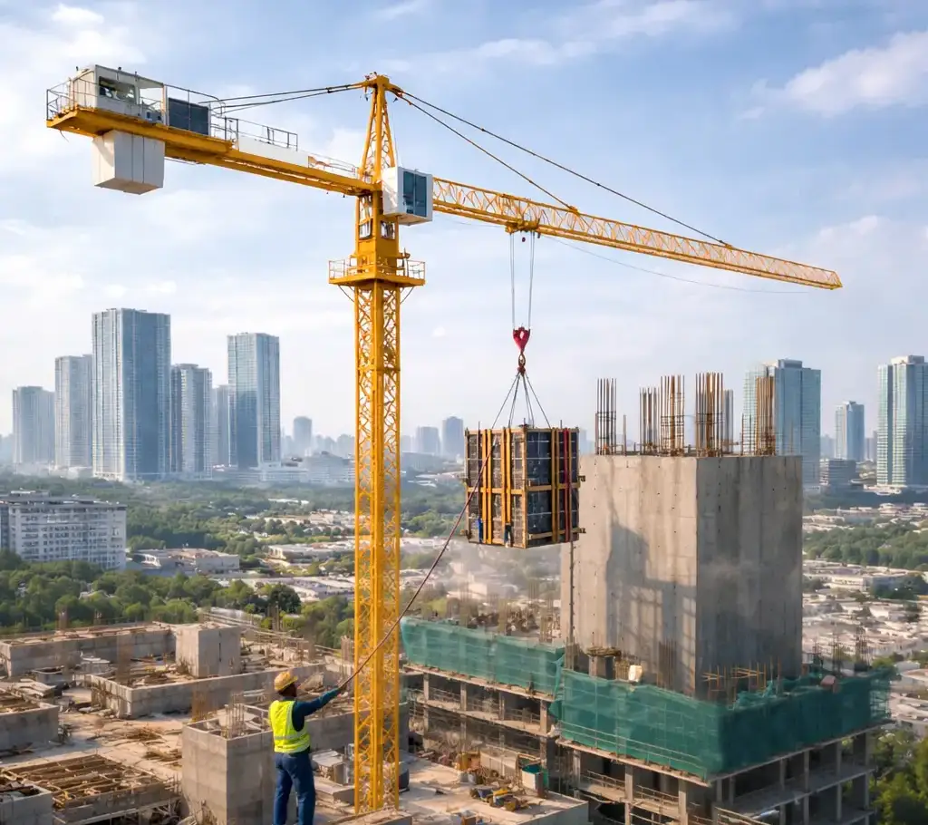 tower crane lifting materials on high rise building in India