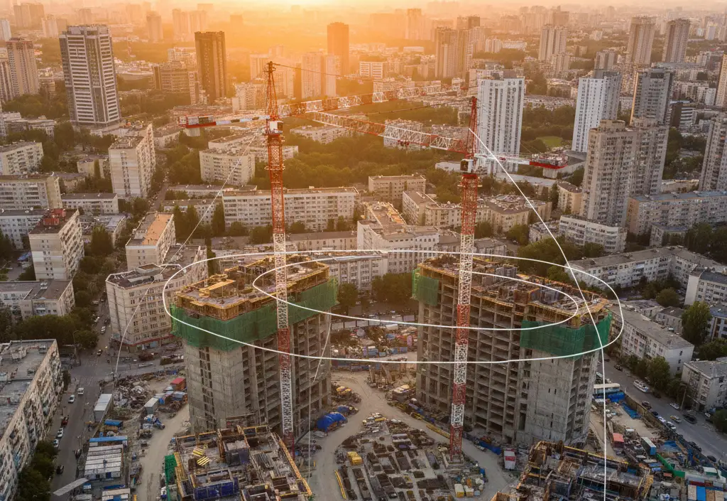 tower cranes operating with overlapping radius in urban high-rise project