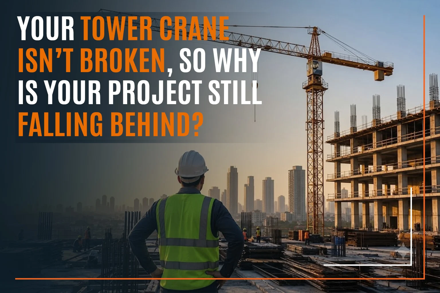 Tower crane at a construction site with an engineer assessing potential causes of project delays